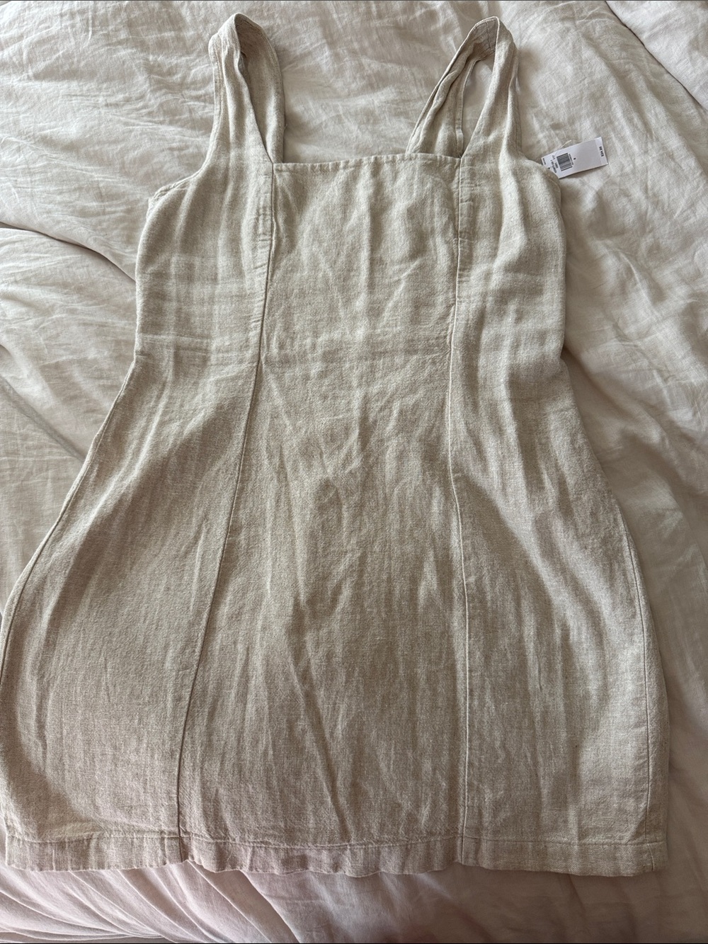 Linen-Texture Sleeveless Square Neck Mini Dress in Natural